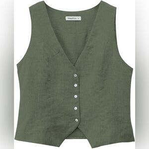 100% Linen Mother of Pearl Button Down Adjustable Olive Green Waistcoat Vest, M
